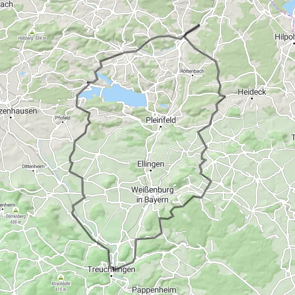 Karten-Miniaturansicht der Radinspiration "Herausfordernde Rundtour durch Ettenstatt und Treuchtlingen" in Mittelfranken, Germany. Erstellt vom Tarmacs.app-Routenplaner für Radtouren