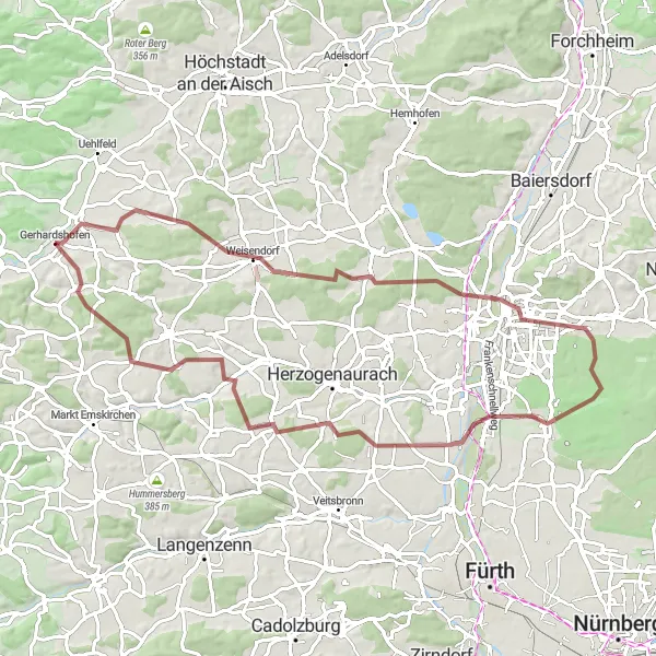 Karten-Miniaturansicht der Radinspiration "Gravel-Tour zum Kapellberg und Obermichelbach" in Mittelfranken, Germany. Erstellt vom Tarmacs.app-Routenplaner für Radtouren
