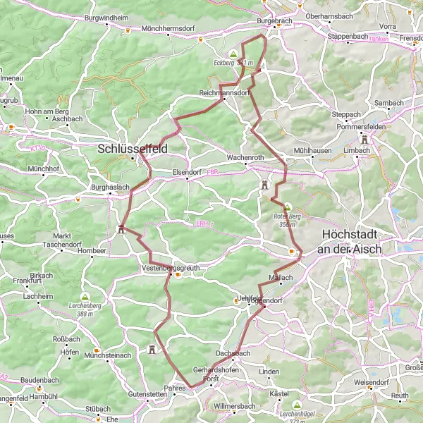Karten-Miniaturansicht der Radinspiration "Abenteuerliche Gravel-Tour über Schornweisach und Storchennest" in Mittelfranken, Germany. Erstellt vom Tarmacs.app-Routenplaner für Radtouren