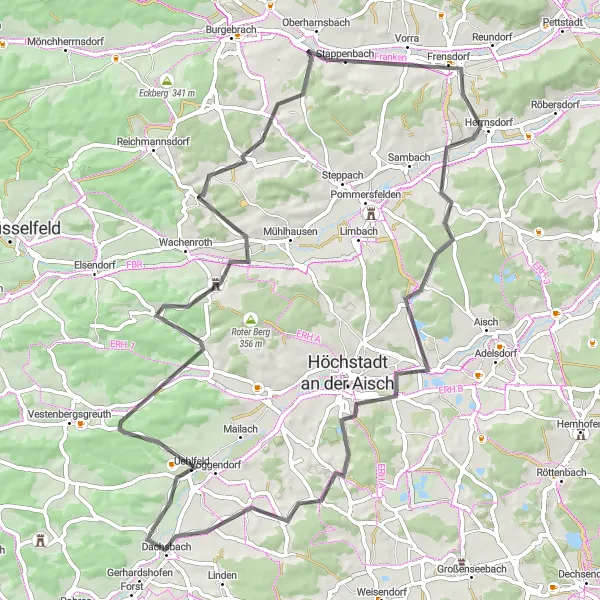 Karten-Miniaturansicht der Radinspiration "Fahrradtour durch Gremsdorf und Uehlfeld" in Mittelfranken, Germany. Erstellt vom Tarmacs.app-Routenplaner für Radtouren