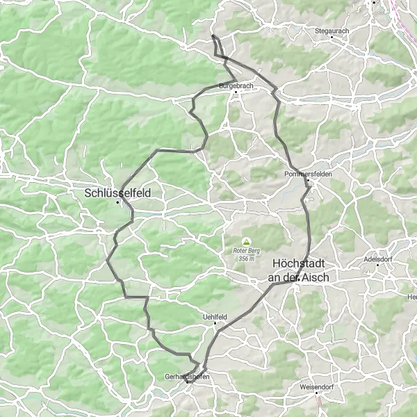 Karten-Miniaturansicht der Radinspiration "Rundtour um Gerhardshofen über Schlüsselfeld und Pommersfelden (Straße)" in Mittelfranken, Germany. Erstellt vom Tarmacs.app-Routenplaner für Radtouren