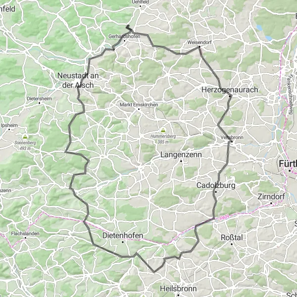 Karten-Miniaturansicht der Radinspiration "Tour entlang von Neustadt an der Aisch" in Mittelfranken, Germany. Erstellt vom Tarmacs.app-Routenplaner für Radtouren