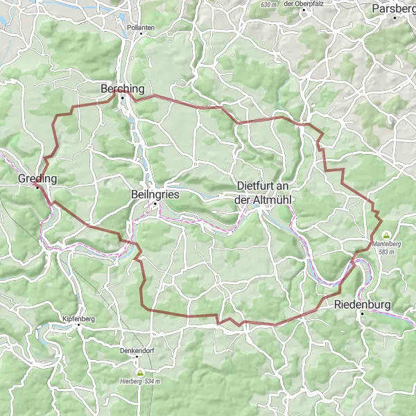 Map miniature of "Adventurous Gravel Journey near Greding" cycling inspiration in Mittelfranken, Germany. Generated by Tarmacs.app cycling route planner