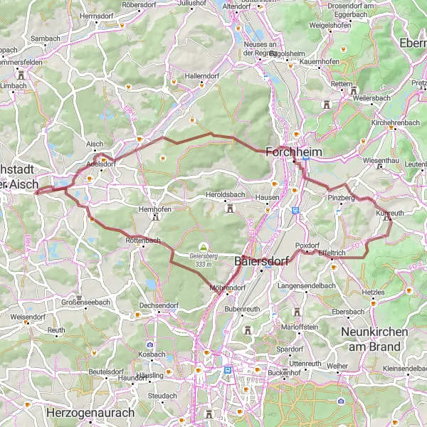 Map miniature of "Adelsdorf-Gremsdorf Gravel" cycling inspiration in Mittelfranken, Germany. Generated by Tarmacs.app cycling route planner
