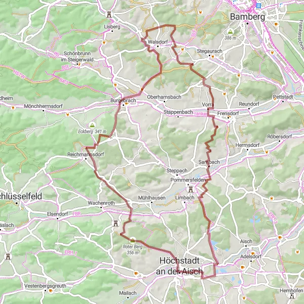 Map miniature of "Höchstadt-Sambach Gravel" cycling inspiration in Mittelfranken, Germany. Generated by Tarmacs.app cycling route planner