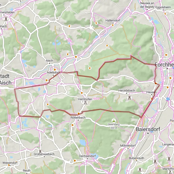 Map miniature of "Gremsdorf - Vogelberg Gravel Route" cycling inspiration in Mittelfranken, Germany. Generated by Tarmacs.app cycling route planner