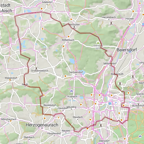 Map miniature of "Gremsdorf - Krausenbechhofen Gravel Route" cycling inspiration in Mittelfranken, Germany. Generated by Tarmacs.app cycling route planner