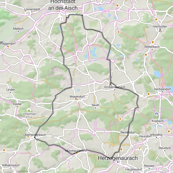 Map miniature of "Vogelberg Loop" cycling inspiration in Mittelfranken, Germany. Generated by Tarmacs.app cycling route planner