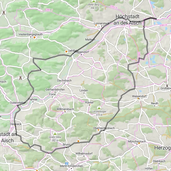 Map miniature of "Gremsdorf - Höchstadt Road Route" cycling inspiration in Mittelfranken, Germany. Generated by Tarmacs.app cycling route planner