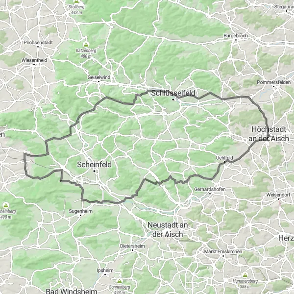 Map miniature of "Uehlfeld-Wachenroth Loop" cycling inspiration in Mittelfranken, Germany. Generated by Tarmacs.app cycling route planner