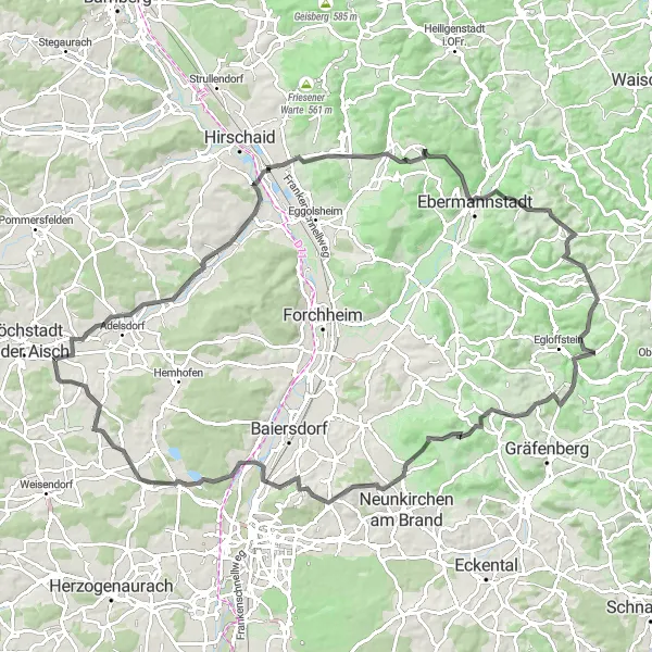 Map miniature of "Adelsdorf-Hetzles Circuit" cycling inspiration in Mittelfranken, Germany. Generated by Tarmacs.app cycling route planner