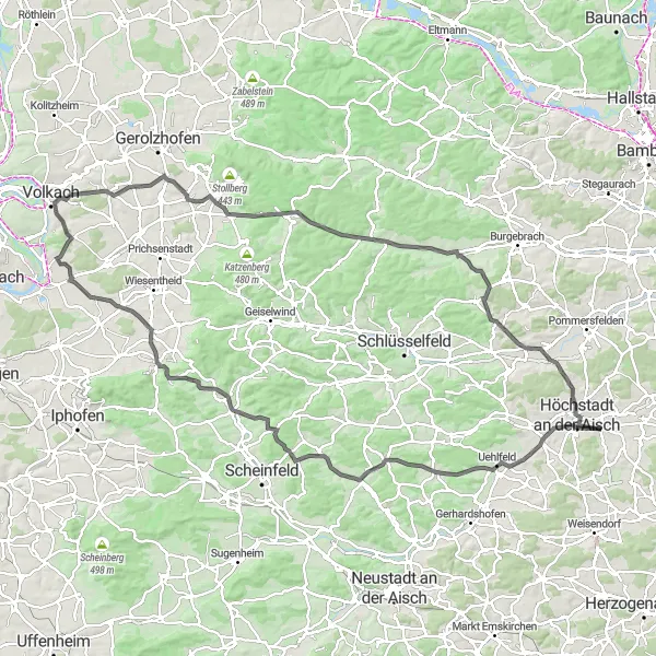Karten-Miniaturansicht der Radinspiration "Franken Highlights auf dem Rad" in Mittelfranken, Germany. Erstellt vom Tarmacs.app-Routenplaner für Radtouren