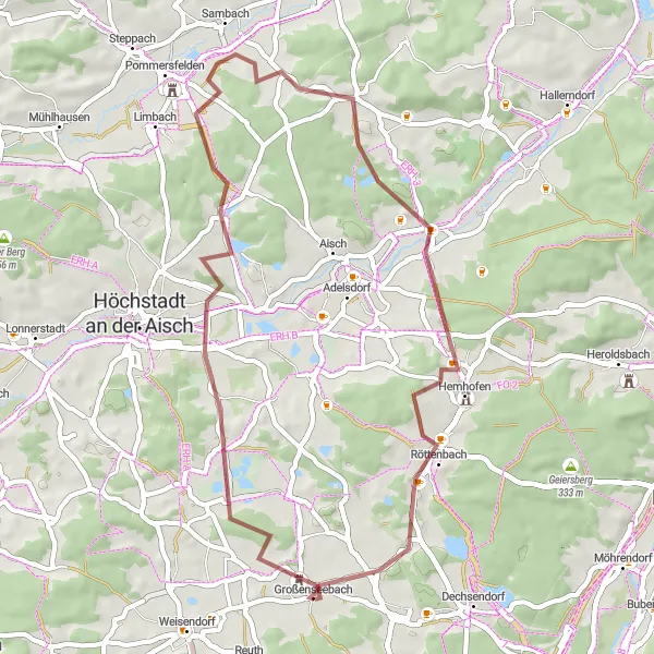Map miniature of "Gravel Route to Vogelberg" cycling inspiration in Mittelfranken, Germany. Generated by Tarmacs.app cycling route planner