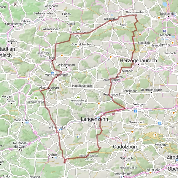 Map miniature of "Gravel Adventure to Markt Emskirchen" cycling inspiration in Mittelfranken, Germany. Generated by Tarmacs.app cycling route planner