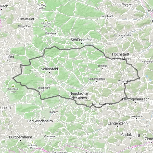 Karten-Miniaturansicht der Radinspiration "Roadtrip um Weisendorf" in Mittelfranken, Germany. Erstellt vom Tarmacs.app-Routenplaner für Radtouren