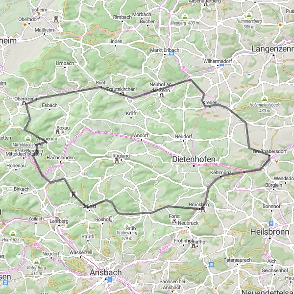 Karten-Miniaturansicht der Radinspiration "Radtour rund um Großhabersdorf" in Mittelfranken, Germany. Erstellt vom Tarmacs.app-Routenplaner für Radtouren
