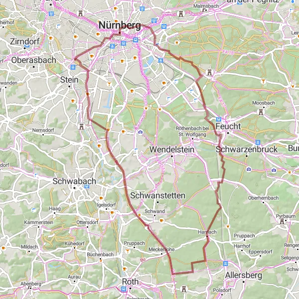 Karten-Miniaturansicht der Radinspiration "Durch den Nürnberger Süden" in Mittelfranken, Germany. Erstellt vom Tarmacs.app-Routenplaner für Radtouren