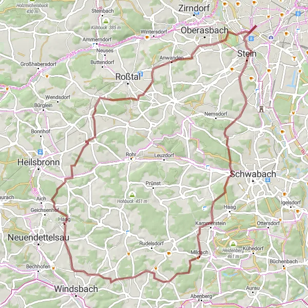 Map miniature of "Gravel Route: From Großreuth bei Schweinau to Hainberg-Blick" cycling inspiration in Mittelfranken, Germany. Generated by Tarmacs.app cycling route planner