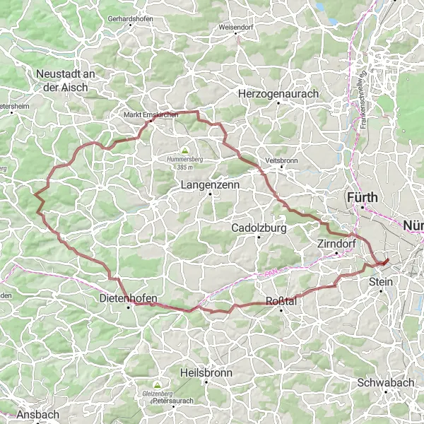 Map miniature of "The Hilly Gravel Adventure" cycling inspiration in Mittelfranken, Germany. Generated by Tarmacs.app cycling route planner