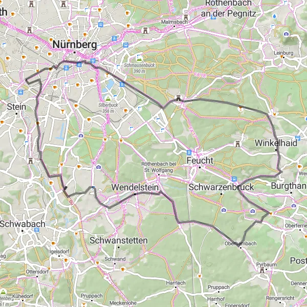 Karten-Miniaturansicht der Radinspiration "Panorama-Runde um Großreuth bei Schweinau (Straße)" in Mittelfranken, Germany. Erstellt vom Tarmacs.app-Routenplaner für Radtouren