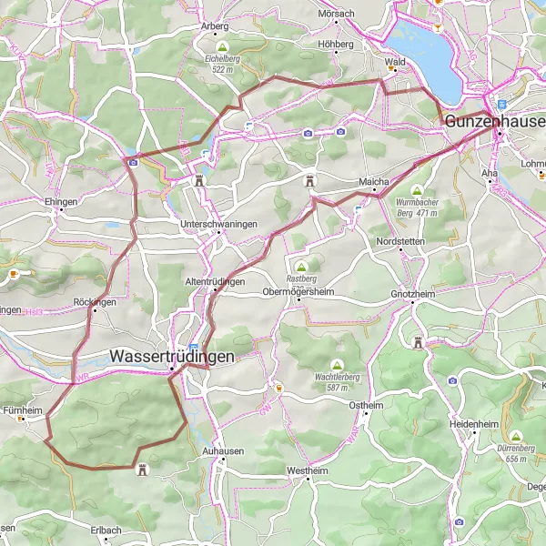 Karten-Miniaturansicht der Radinspiration "Fahrradtour um Gunzenhausen und Altmühlsee" in Mittelfranken, Germany. Erstellt vom Tarmacs.app-Routenplaner für Radtouren
