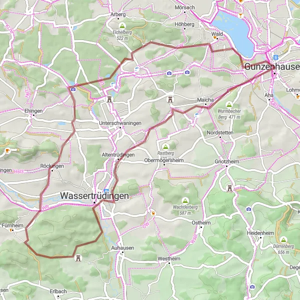 Map miniature of "The Watertrüdingen Loop" cycling inspiration in Mittelfranken, Germany. Generated by Tarmacs.app cycling route planner