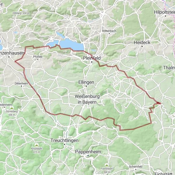 Map miniature of "The Brombachsee Challenge" cycling inspiration in Mittelfranken, Germany. Generated by Tarmacs.app cycling route planner