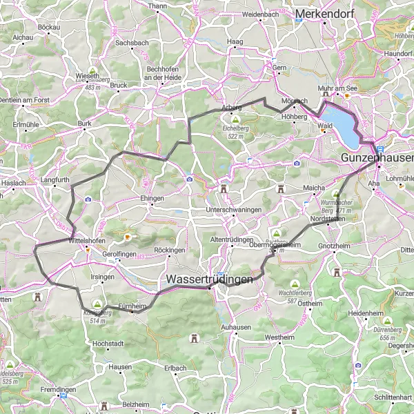Map miniature of "Discover Gunzenhausen's Surroundings" cycling inspiration in Mittelfranken, Germany. Generated by Tarmacs.app cycling route planner