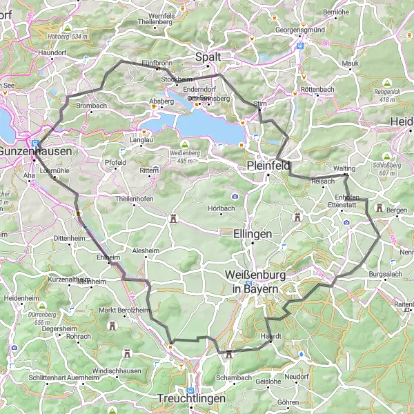 Map miniature of "Scenic Road Adventure from Gunzenhausen" cycling inspiration in Mittelfranken, Germany. Generated by Tarmacs.app cycling route planner