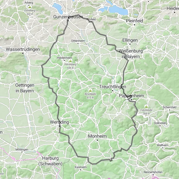 Map miniature of "Gunzenhausen Round Trip" cycling inspiration in Mittelfranken, Germany. Generated by Tarmacs.app cycling route planner