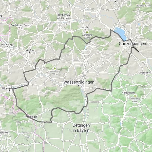 Map miniature of "Scenic Road Journey near Gunzenhausen" cycling inspiration in Mittelfranken, Germany. Generated by Tarmacs.app cycling route planner