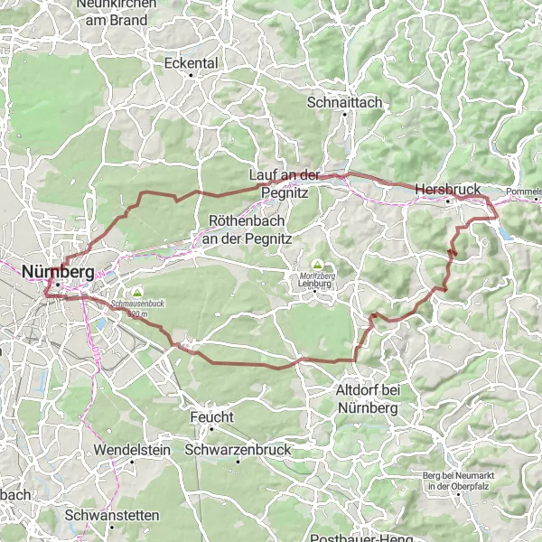 Map miniature of "Escape to the Off-Road Paths" cycling inspiration in Mittelfranken, Germany. Generated by Tarmacs.app cycling route planner