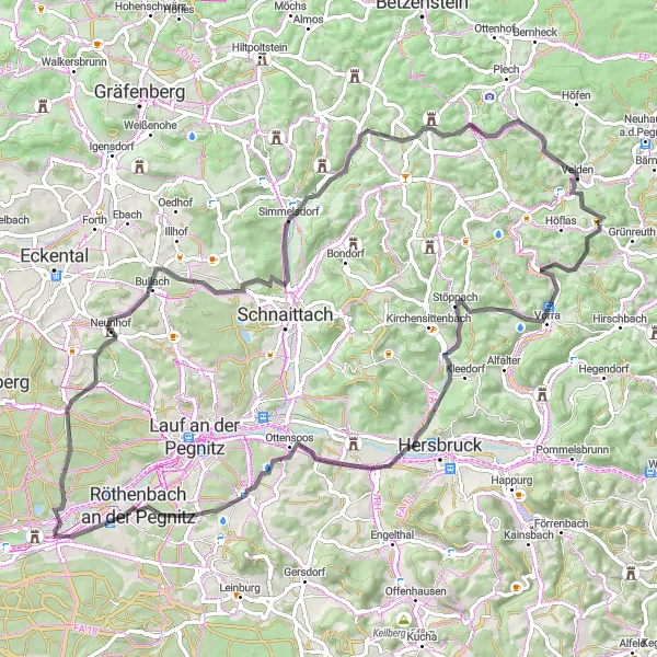 Map miniature of "Hartenstein - Aspertshofen Circular Ride" cycling inspiration in Mittelfranken, Germany. Generated by Tarmacs.app cycling route planner