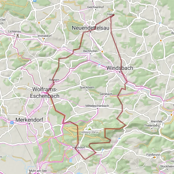 Map miniature of "Gravel Adventure to Hinterer Mönchsberg" cycling inspiration in Mittelfranken, Germany. Generated by Tarmacs.app cycling route planner