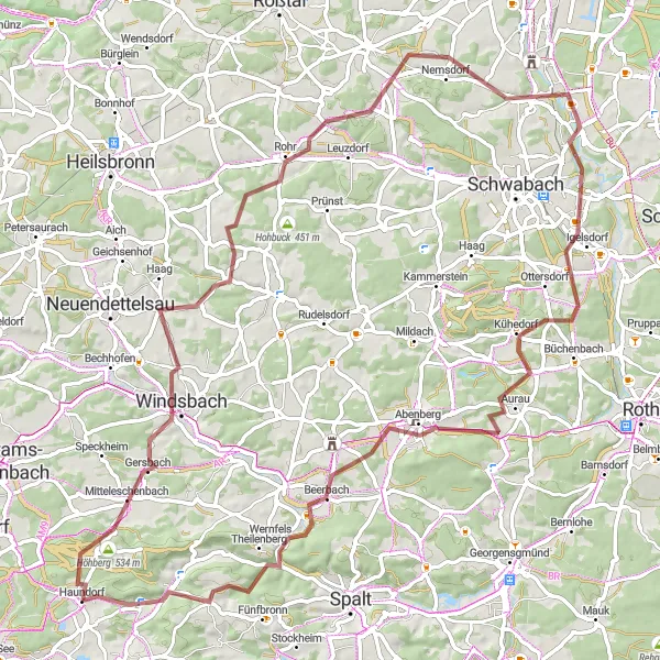 Map miniature of "The Gravel Adventure" cycling inspiration in Mittelfranken, Germany. Generated by Tarmacs.app cycling route planner