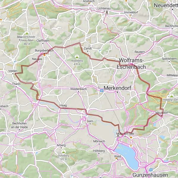 Map miniature of "Discovering the Gravel Roads of Haundorf" cycling inspiration in Mittelfranken, Germany. Generated by Tarmacs.app cycling route planner