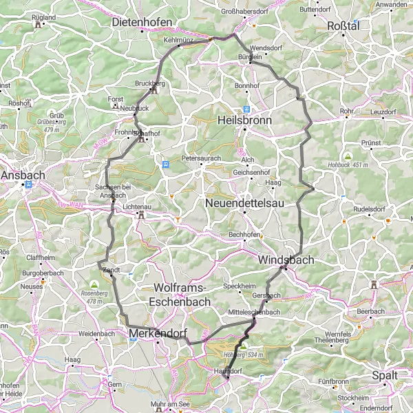 Map miniature of "Discovering the Scenic Roads of Haundorf" cycling inspiration in Mittelfranken, Germany. Generated by Tarmacs.app cycling route planner