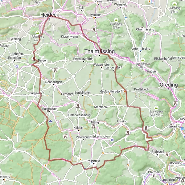 Karten-Miniaturansicht der Radinspiration "Heideck - Pollenfeld - Römischer Wachturm" in Mittelfranken, Germany. Erstellt vom Tarmacs.app-Routenplaner für Radtouren