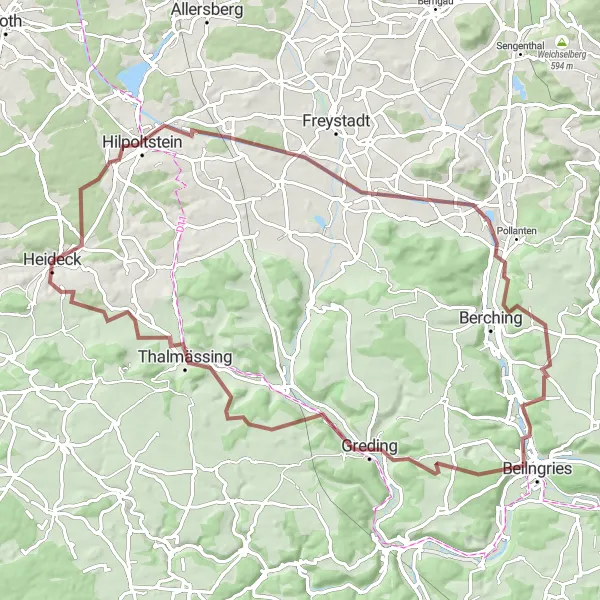 Map miniature of "Heideck to Wallnsdorf and back" cycling inspiration in Mittelfranken, Germany. Generated by Tarmacs.app cycling route planner