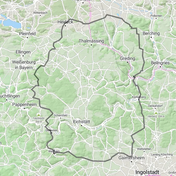 Karten-Miniaturansicht der Radinspiration "Heideck - Weinsfeld - Rübling - Sulzbuck - Brandplatz - Biberg - Reisberg - Eitensheim - Wellheim - Kreuzelberg - Dollnstein - Bieswang - Steinberg - Reuth unter Neuhaus - Schloßberg - Heideck" in Mittelfranken, Germany. Erstellt vom Tarmacs.app-Routenplaner für Radtouren