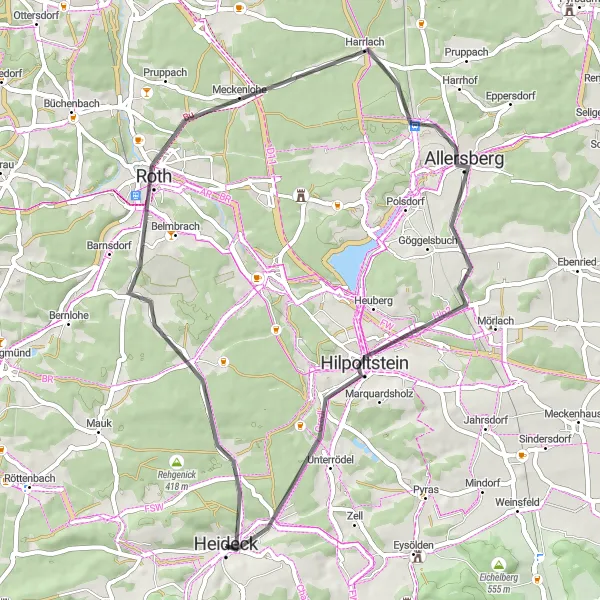 Map miniature of "Heideck to Allersberg Road Ride" cycling inspiration in Mittelfranken, Germany. Generated by Tarmacs.app cycling route planner