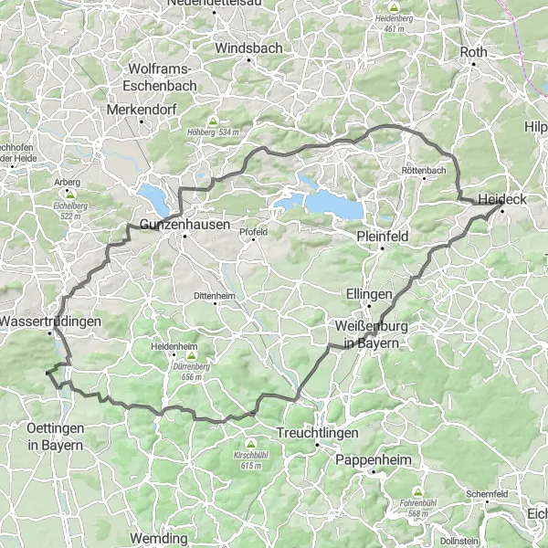 Map miniature of "Heideck Castle Loop" cycling inspiration in Mittelfranken, Germany. Generated by Tarmacs.app cycling route planner