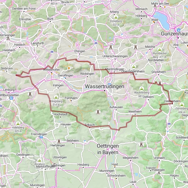 Map miniature of "Gravel Cycling Adventure" cycling inspiration in Mittelfranken, Germany. Generated by Tarmacs.app cycling route planner