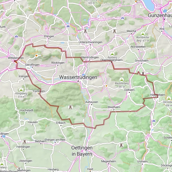 Karten-Miniaturansicht der Radinspiration "Gravel-Tour zum Heidenheimer Buck" in Mittelfranken, Germany. Erstellt vom Tarmacs.app-Routenplaner für Radtouren