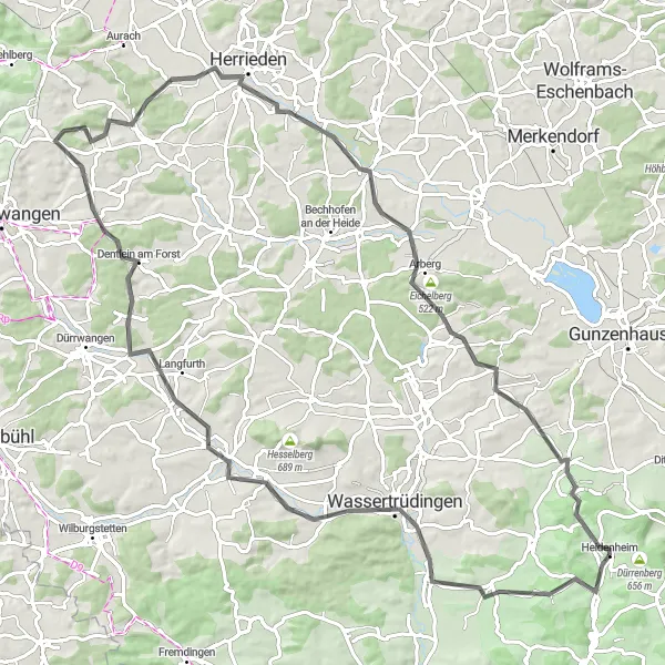 Map miniature of "Heidenheim Extended Road Route" cycling inspiration in Mittelfranken, Germany. Generated by Tarmacs.app cycling route planner