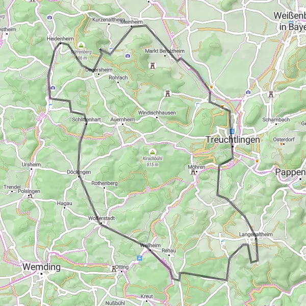 Map miniature of "Heidenheim Road Adventure" cycling inspiration in Mittelfranken, Germany. Generated by Tarmacs.app cycling route planner