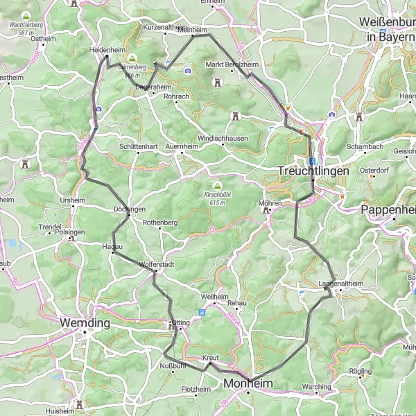 Map miniature of "Road Cycling Retreat" cycling inspiration in Mittelfranken, Germany. Generated by Tarmacs.app cycling route planner