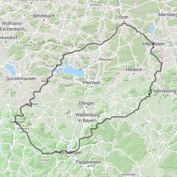 Karten-Miniaturansicht der Radinspiration "Gelber Berg und Treuchtlingen Rundweg" in Mittelfranken, Germany. Erstellt vom Tarmacs.app-Routenplaner für Radtouren