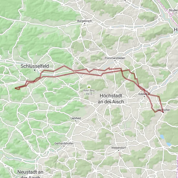 Map miniature of "The Crafty Gravel Route of Hemhofen" cycling inspiration in Mittelfranken, Germany. Generated by Tarmacs.app cycling route planner