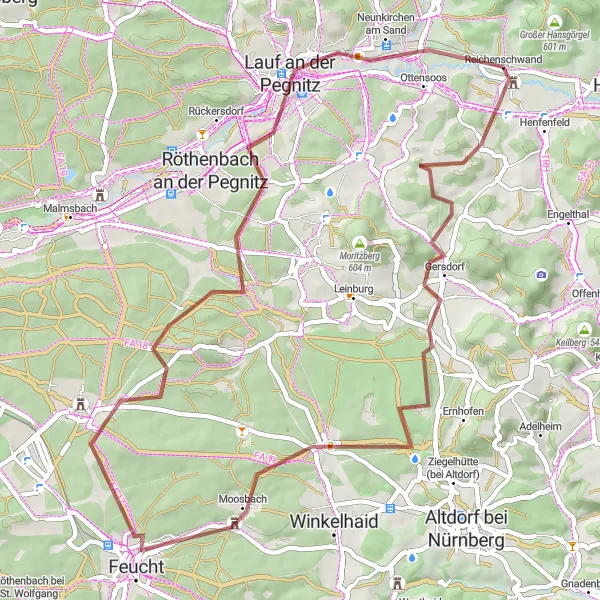 Karten-Miniaturansicht der Radinspiration "Gravel-Tour durch die Natur um Henfenfeld" in Mittelfranken, Germany. Erstellt vom Tarmacs.app-Routenplaner für Radtouren